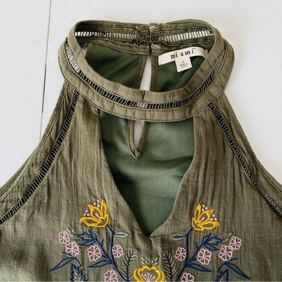 Miami Bohemian Sleeveless Embroidered Dress size Large Green Halter Key hole - Picture 9 of 16